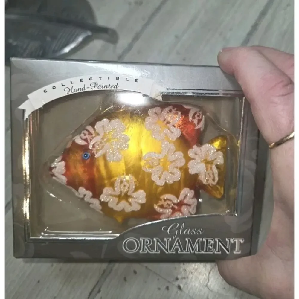 Vtg Hand Painted Island Heritage Hawaiian Fish Glass Christmas Ornament Floral